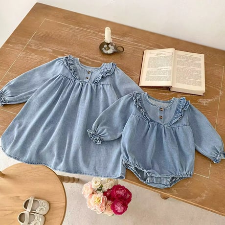 姉妹お揃いデニムショルダーフリルロンパースopワンピース(710)