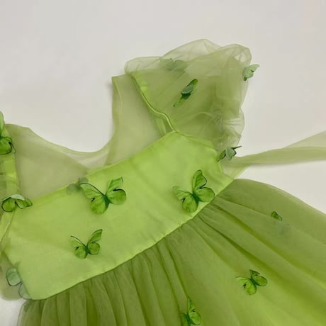 kids purple/green バタフライパフスリーブチュールドレス(838)