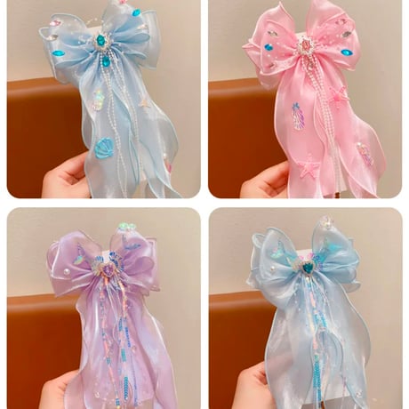 6color キラキラパーツリボンチュールヘアクリップ(930)