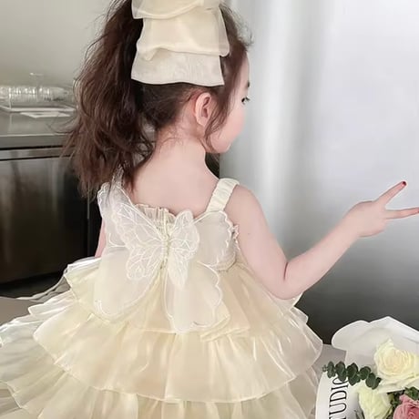 kids 4color シャーリングtripleサテンチュールバタフライドレス(3232)