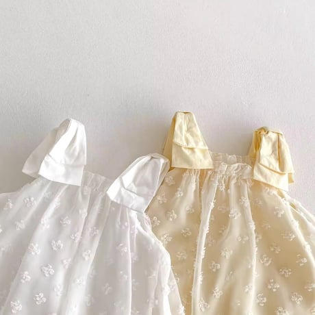 white×lemon yellowショルダーリボンシフォンレースロンパース(784)