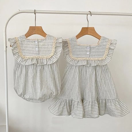 2color 姉妹お揃いペールストライプコットンロンパースorワンピース(2696)