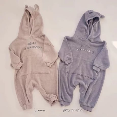 2color ワッフルくま耳パーカーMondayロンパース(2358)