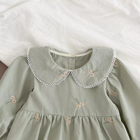 姉妹お揃いミントマーガレット刺繍ロンパースorワンピース(726)