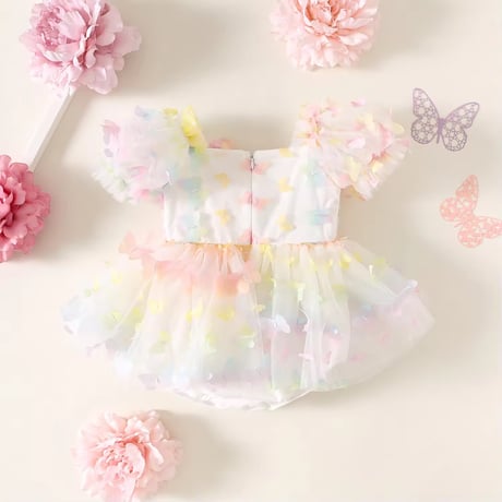 7color 姉妹お揃いバタフライパフスリーブBIGウエストリボンロンパースドレス(1279)