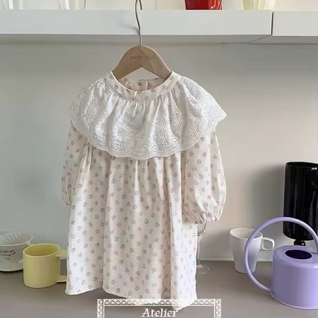 姉妹お揃いBIG white lace collarフラワーロンパースorワンピース(1058)