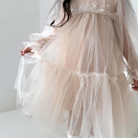 kids pink beige袖チュールドレス(3222)