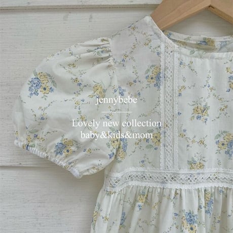 jennybebe 姉妹お揃いblue×yellowブーケパフスリーブロンパースorワンピース(2722)