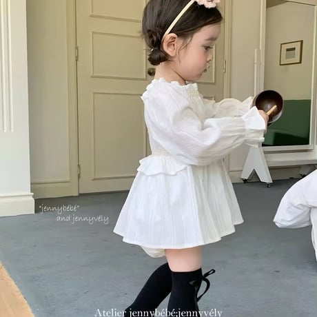 jennybebe姉妹お揃いホワイトシャーリングロンパースorワンピース(741)