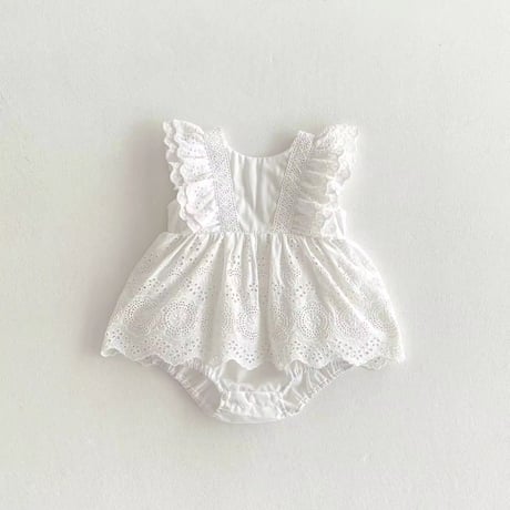 whiteショルダーWフリルコットンスカートロンパース(1201)
