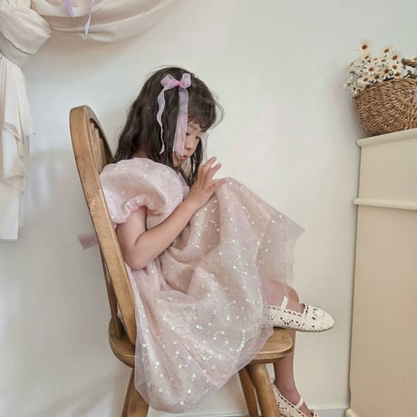 kids pink/champagne スパンコールパフスリーブドレス(638)