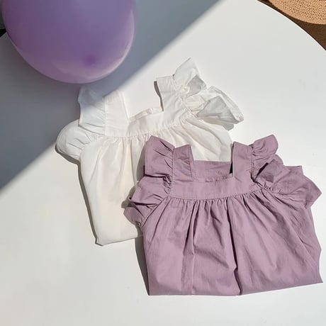 kids white/purpleショルダーフリル無地ワンピース(4153)