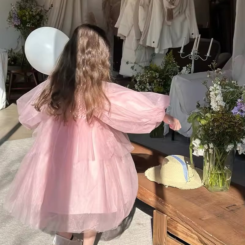 シャギー×スパンコールぽわん袖ピンクドレス(1163) | こどもふく🧸mocokids
