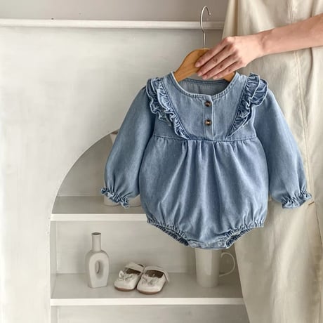 姉妹お揃いデニムショルダーフリルロンパースopワンピース(710)
