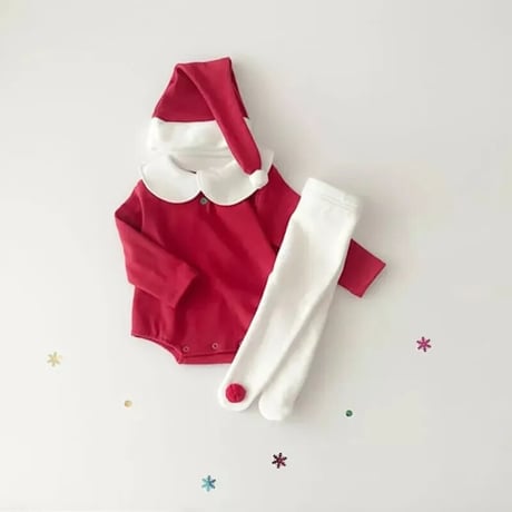 Xmas red/green サンタ帽子付き裏起毛ロンパースorタイツ(3342)