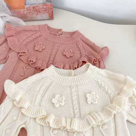 pink/white フラワーニットスウィートロンパース(1711)