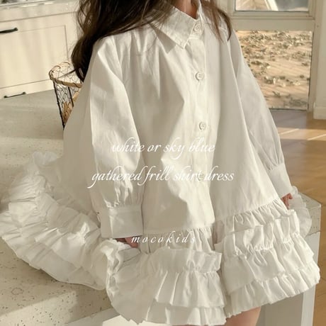 kids white / sky blueギャザーフリルシャツワンピース(3998)