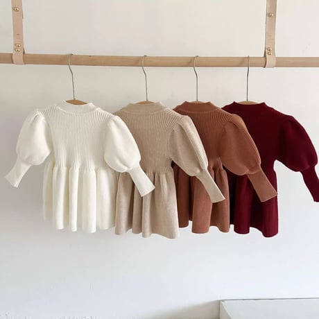 4color くすみ暖色カラーぽわん袖ニットワンピース(2320)