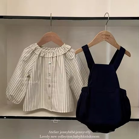 jennybebeストライプシャツ×サロペットモノトーンコーデ(700)