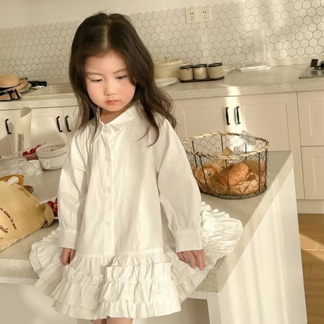kids white / sky blueギャザーフリルシャツワンピース(3998)