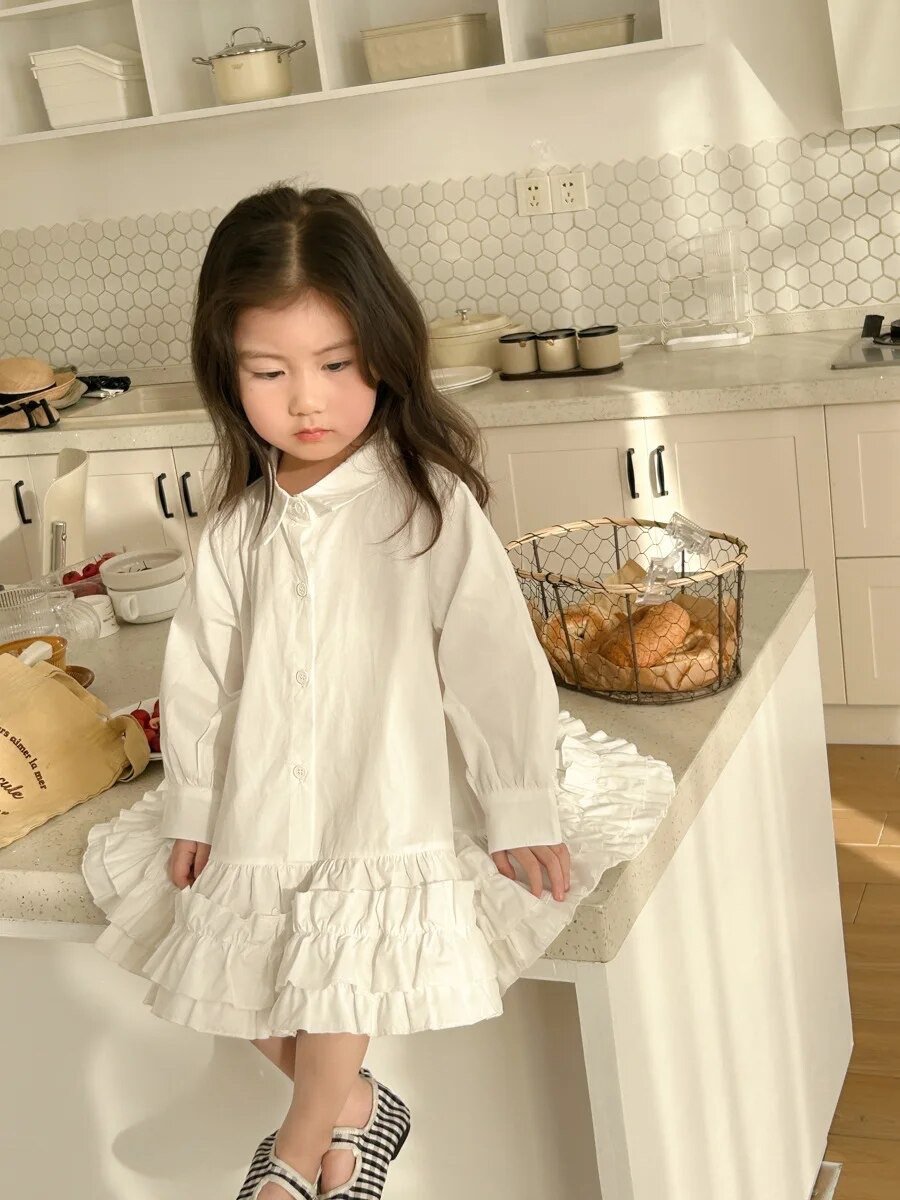 kids white / sky blueギャザーフリルシャツワンピース(3998