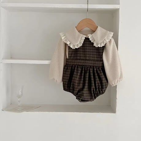 姉妹お揃いダークチェックバクシャンロンパースorワンピース×フリル襟ブラウス(806)