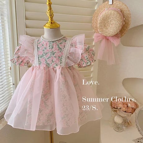 kids pinkローズショルダーフリルチュールワンピース(2776)