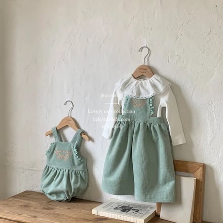 jennybebe コーデュロイターコイズロンパースorワンピース(3268)