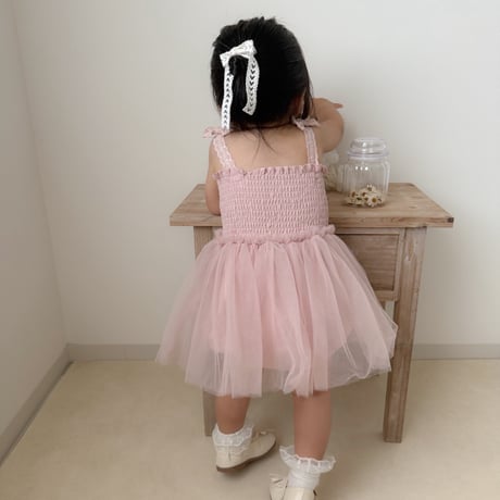 即納あり◆ivory/pink コットンリボンシャーリングチュールロンパース(1233)