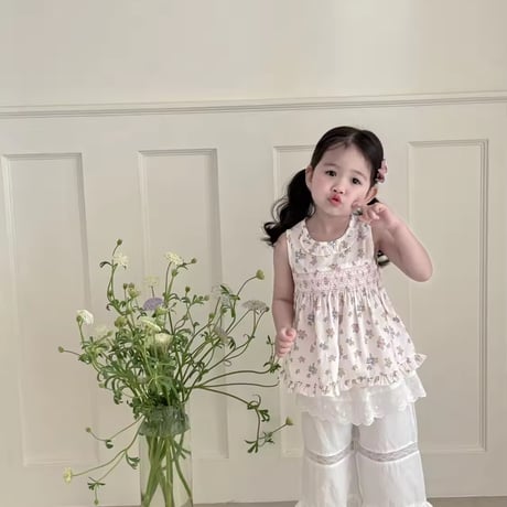 kids 2colorノースリーブシャーリング刺繍チュニックトップス(1202)
