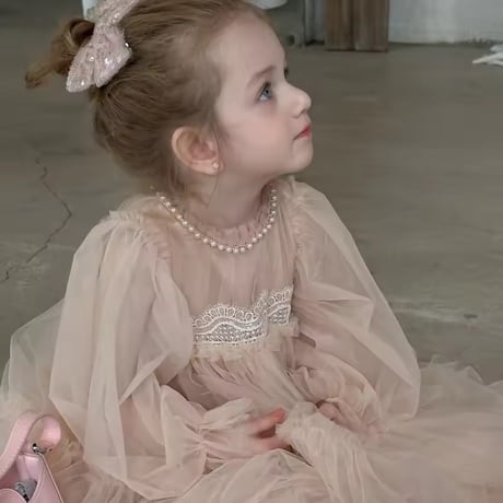 kids pink beige袖チュールドレス(3222)