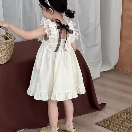 バックブラックリボンスクエアネックコットンワンピース(1177)