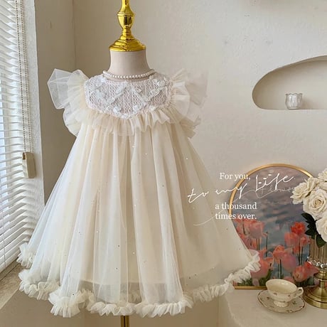 kids ivory/pink フロントフリルローズガーリーラメチュールドレス(4126)