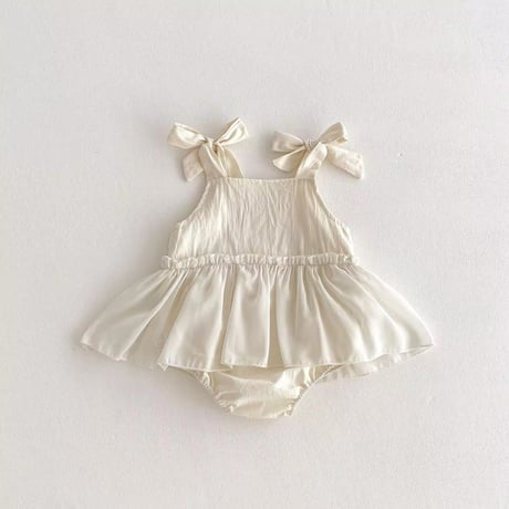 white×beige ショルダーリボンフロントレースチュールスカートロンパース(1077)