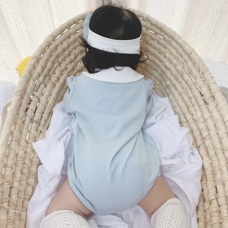 2color ヘアリボン付き丸襟blue × pinkロンパース(3157)