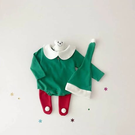 Xmas red/green サンタ帽子付き裏起毛ロンパースorタイツ(3342)