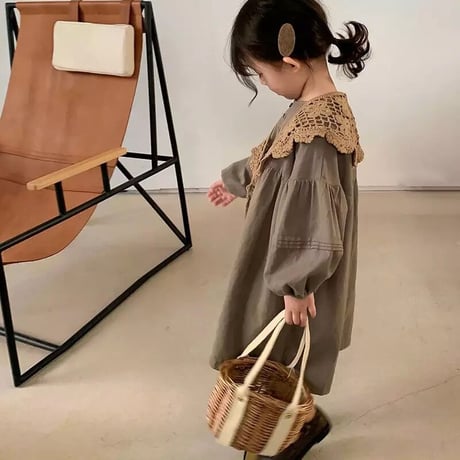 kids レース付きブラウンぽわん袖ロング丈ワンピース(1867)