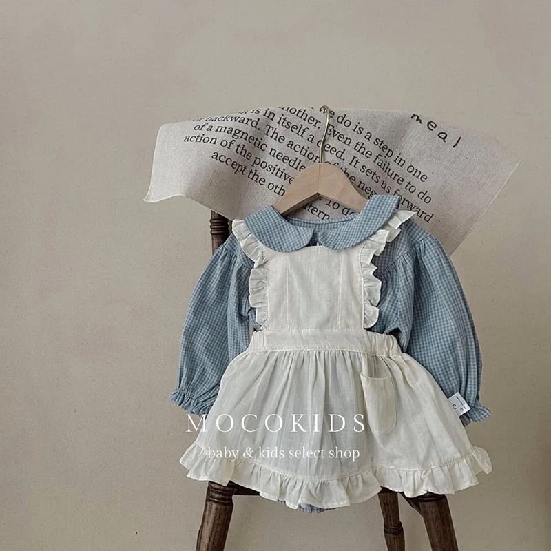 blue checkロンパース×frillエプロンワンピース(3193) | こども