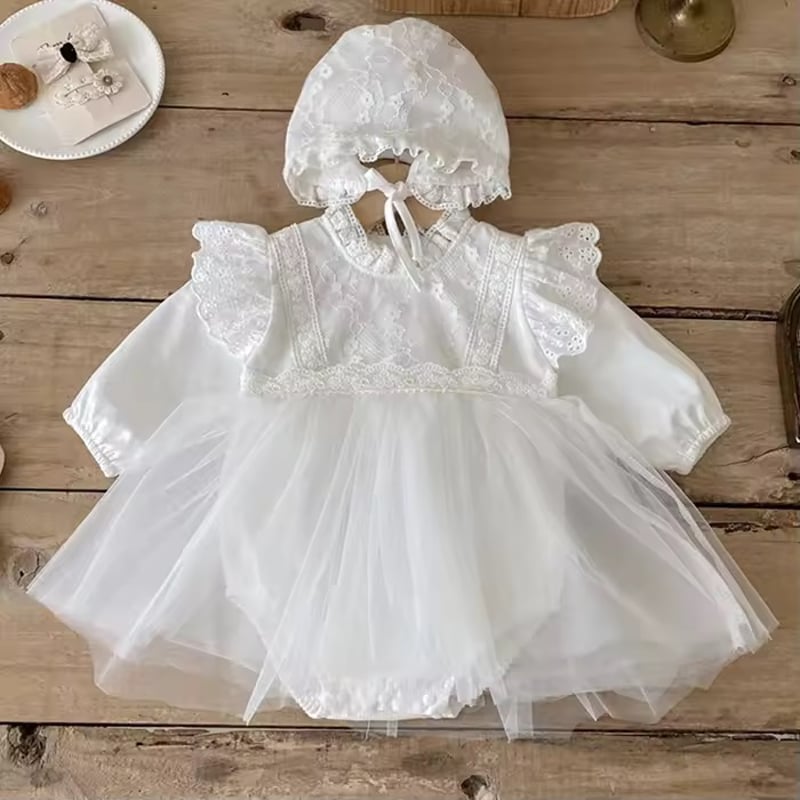 white/apricot ボンネットsetセレモニーレースドレスロンパース(983