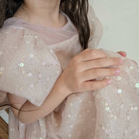 kids pink/champagne スパンコールパフスリーブドレス(638)