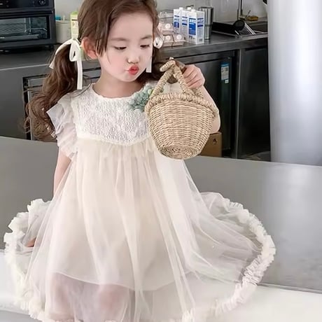 kids ivory/pink フロントフリルローズガーリーラメチュールドレス(4126)