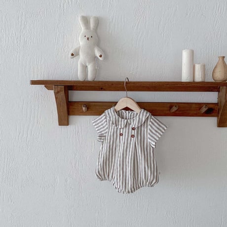 linen / stripeシンプルボタンロンパース(4144)