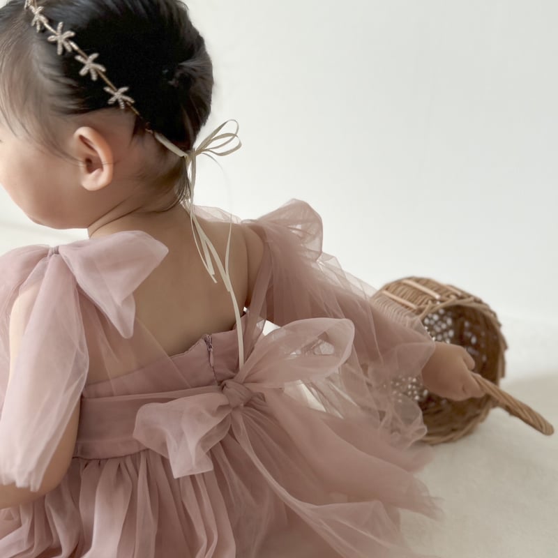 バックリボン チュールタフタ ロンパース 