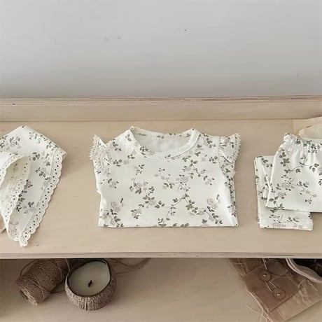 ナチュラルローズロンパース&パンツ&ボンネットset(4173)