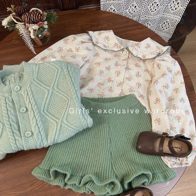 kids mint green 花柄ブラウス×カーディガン×ニットパンツ(4030