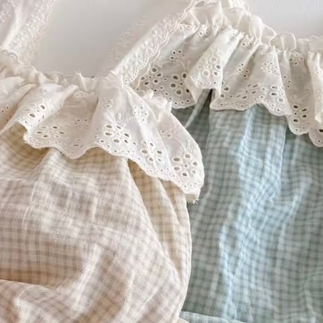 beige/blue ボンネット付きチェックキャミロンパース(1381)