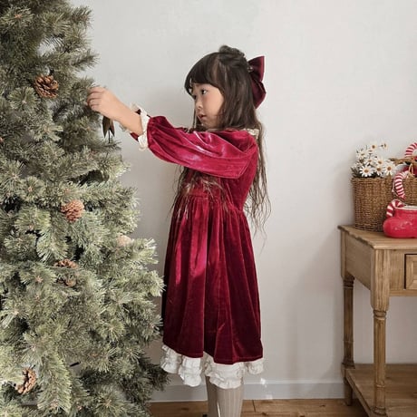 Xmasレッド姉妹お揃いレース襟ベルベットロンパースorワンピース(1035)
