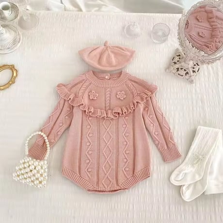 pink/white フラワーニットスウィートロンパース(1711)