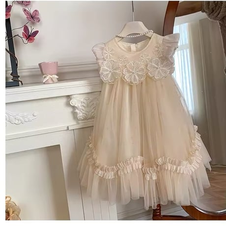 kids champagneフラワー刺繍ラインフリルドレス(1237)