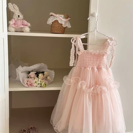 kids pinkコットンリボンシャーリングロングドレス(1234)